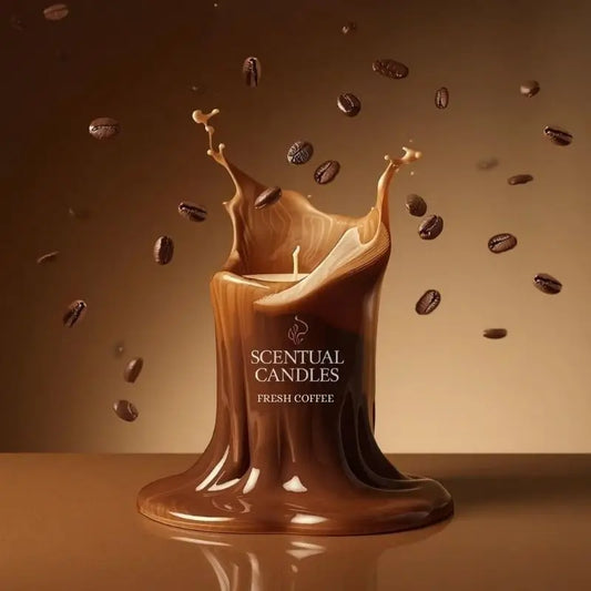 Coffee Scented Candle Dark Roast Blend with coffee beans and artistic background