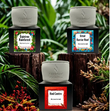 Candle Gift Set - Essence of Australia featuring Daintree Rainforest, Great Barrier Reef, and Red Centre candles displayed with greenery