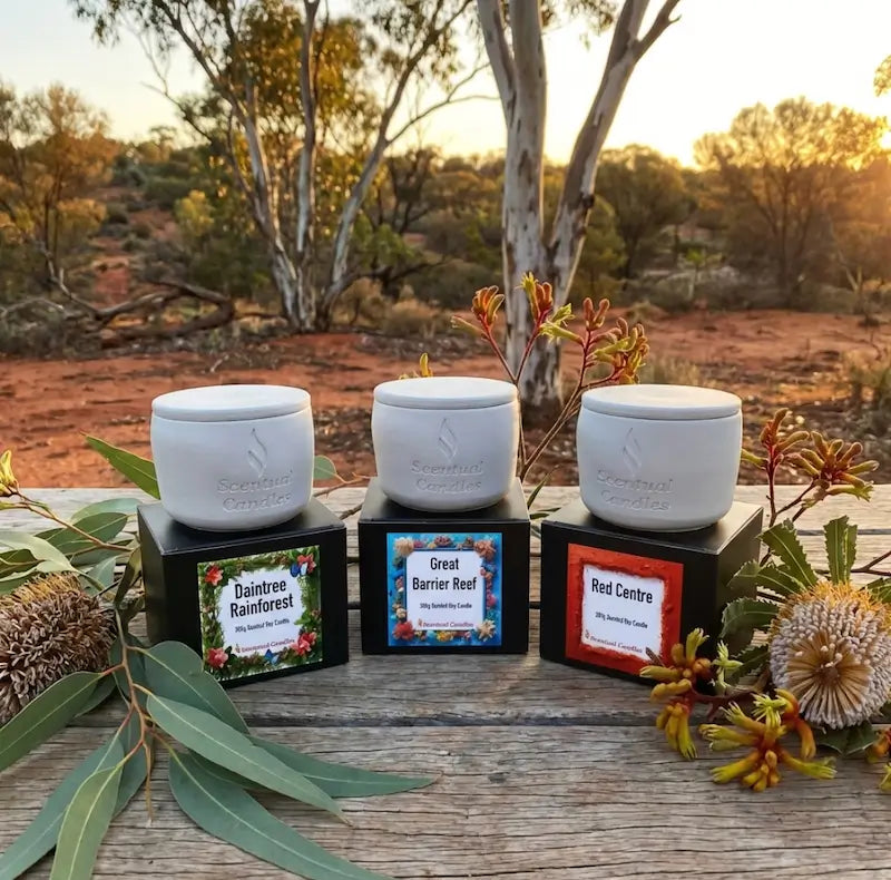 Candle Gift Set - Essence of Australia featuring rainforest, reef, and red centre scents with natural soy wax candles.