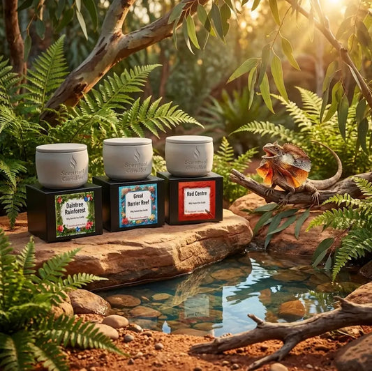 Candle Gift Set - Essence of Australia. Three candles on stands with labels in a natural setting with plants and a lizard.