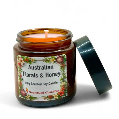 Candle Gift Set featuring Australian Florals & Honey scented soy candle in amber jar, open lid showcasing the wax and wick.