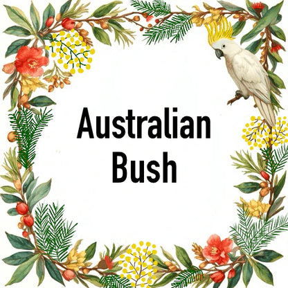 Australian Bush theme with native flora and cockatoo illustration.