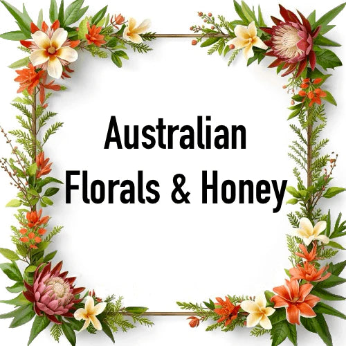 Floral arrangement with text 'Australian Florals & Honey' surrounded by vibrant native flowers.