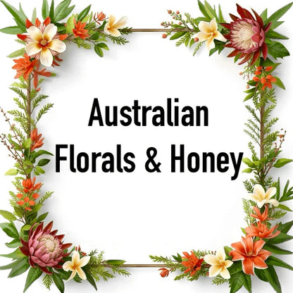 Floral arrangement with text 'Australian Florals & Honey' surrounded by vibrant native flowers.