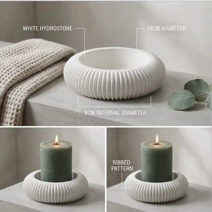 Candle Holder made of white Hydrostone, featuring a ribbed pattern, designed for pillar candles, 14cm diameter.