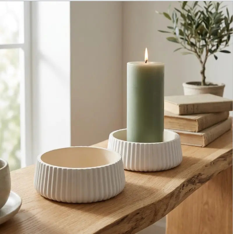 Candle Holder - Decorative Set of 2 featuring a green pillar candle and decorative base.