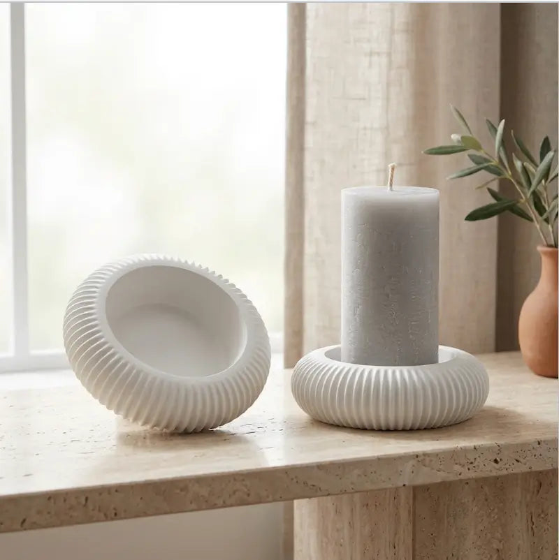 Candle Holder - Decorative Set of 2 with pillar candle on a table, featuring a heatproof design for stability and style.