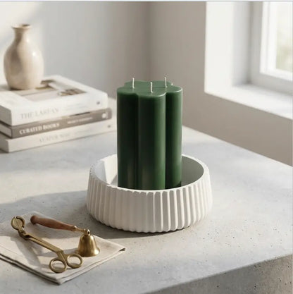 Candle Holder - Decorative Set of 2 with green pillar candles in a white ribbed base.