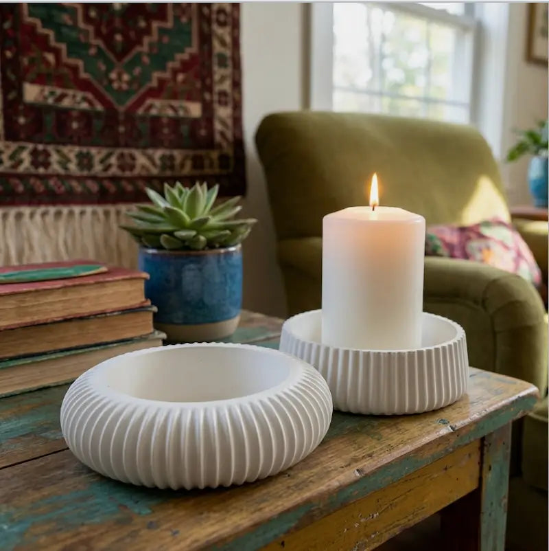 Candle Holder - Decorative Set of 2 featuring white holders with a pillar candle, perfect for adding style and protection to surfaces.