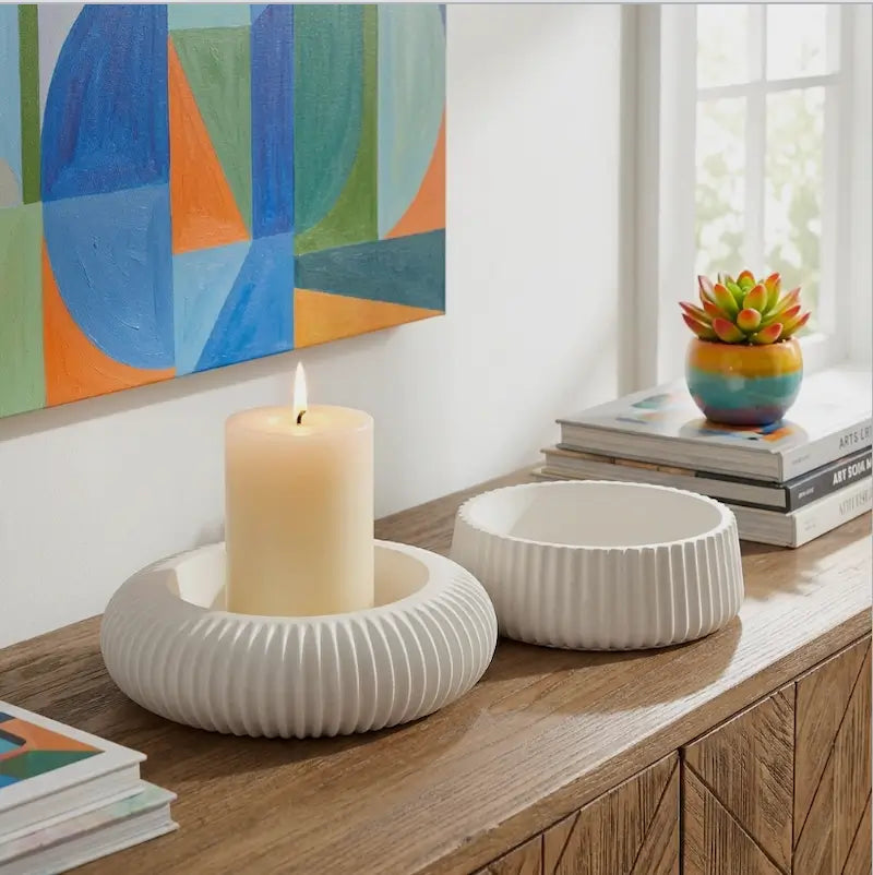 Candle Holder – Decorative Set of 2 with a pillar candle on a wooden surface, featuring unique textured design.