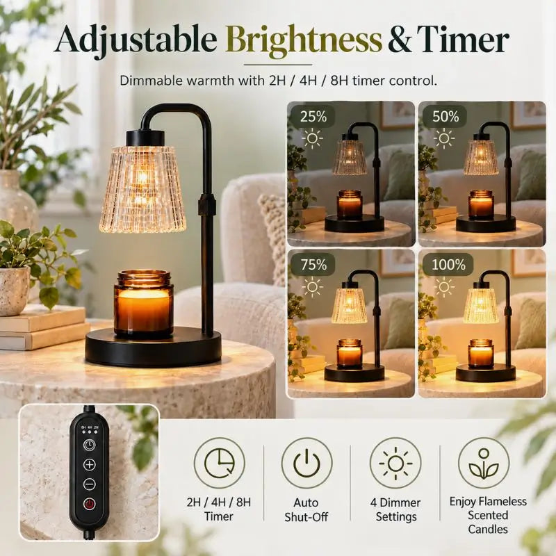Candle Warmer Lamp with dimmable brightness options and timer settings, featuring adjustable light intensity and scent release.