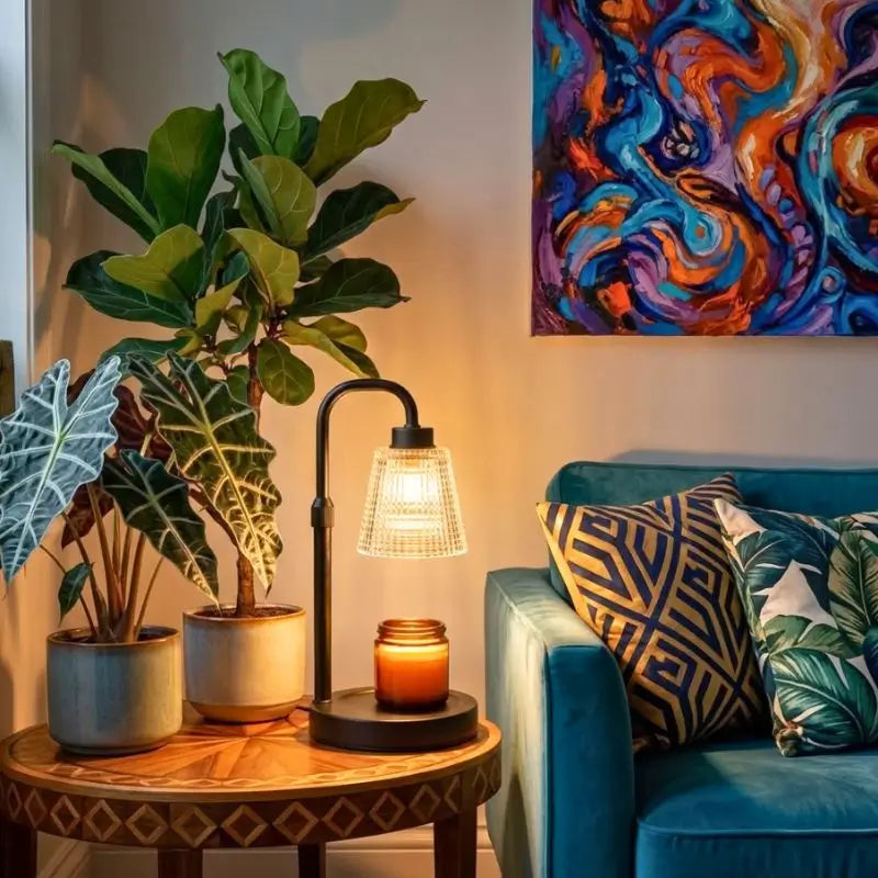 Candle Warmer Lamp with Dimmer and Timer beside decorative plants and cozy sofa in a stylish living room.