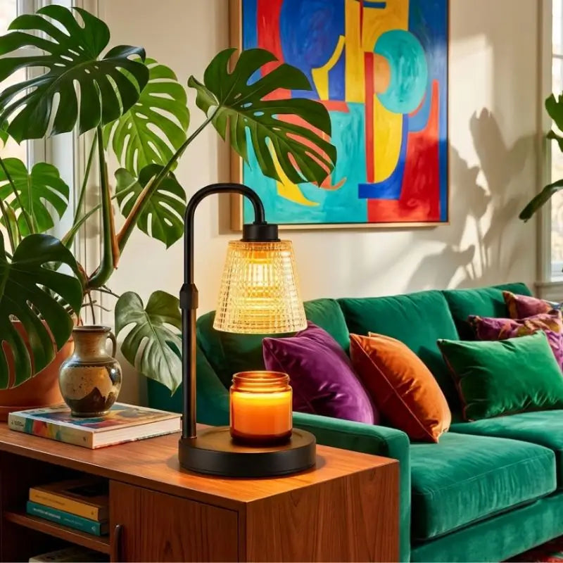 Candle Warmer Lamp with Dimmer and Timer beside a cozy green couch in a bright living room.