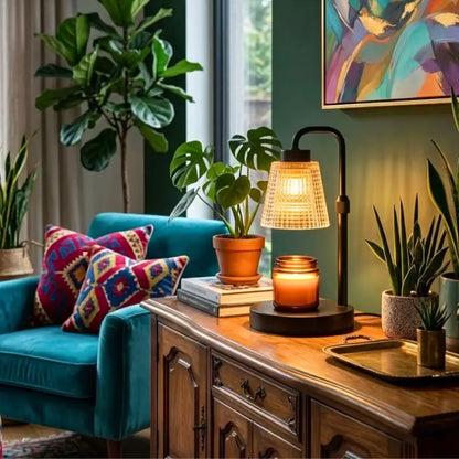 Candle Warmer Lamp with Dimmer and Timer illuminating a cozy living room with plants and colorful decor.