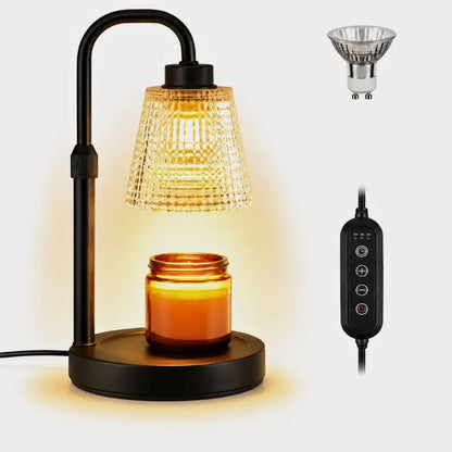 Candle Warmer Lamp with Dimmer and Timer illuminating a wickless candle in a textured glass shade.