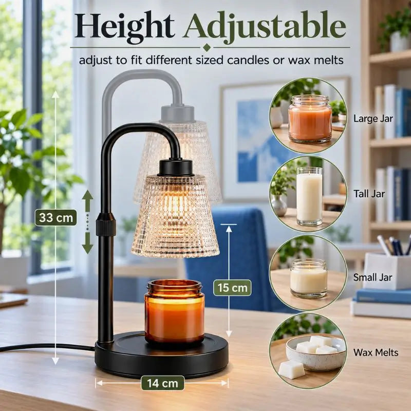Height adjustable Candle Warmer Lamp designed for different candle sizes and wax melts, showcasing various jar heights.