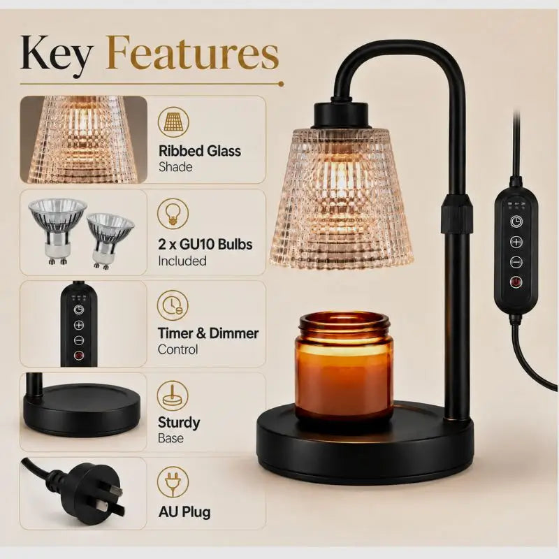 Candle Warmer Lamp with Dimmer and Timer featuring ribbed glass shade and sturdy base, including GU10 bulbs.