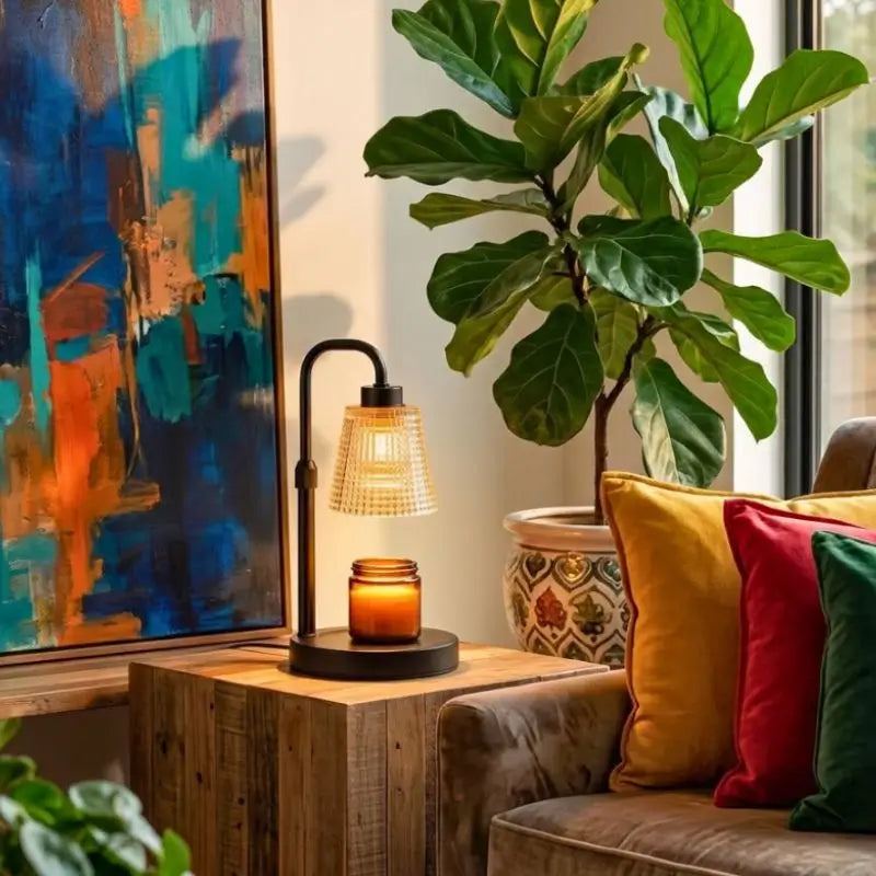 Candle Warmer Lamp with Dimmer and Timer illuminating a cozy living space with vibrant decor and greenery.