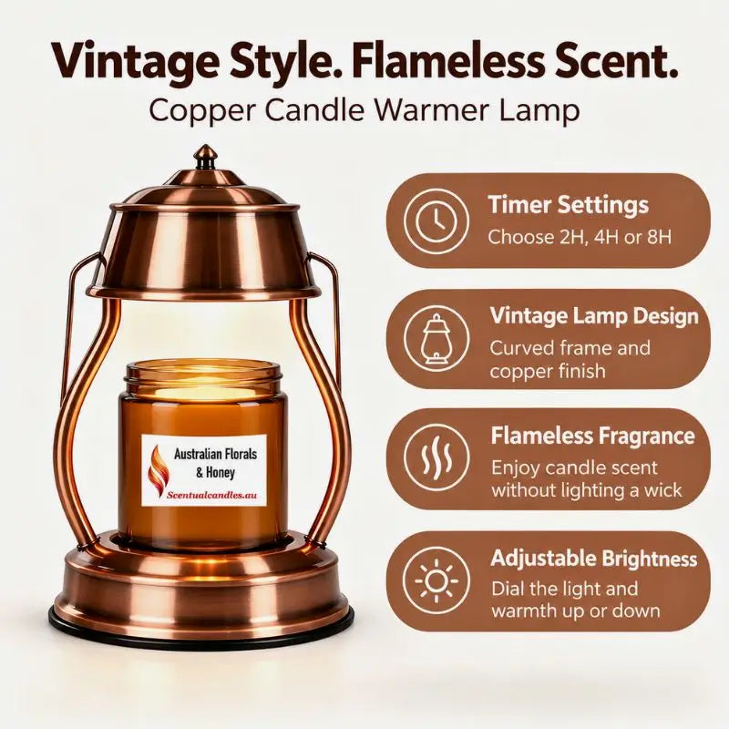 Candle Warmer featuring a vintage copper lantern design, timer settings, adjustable brightness, and flameless fragrance release.
