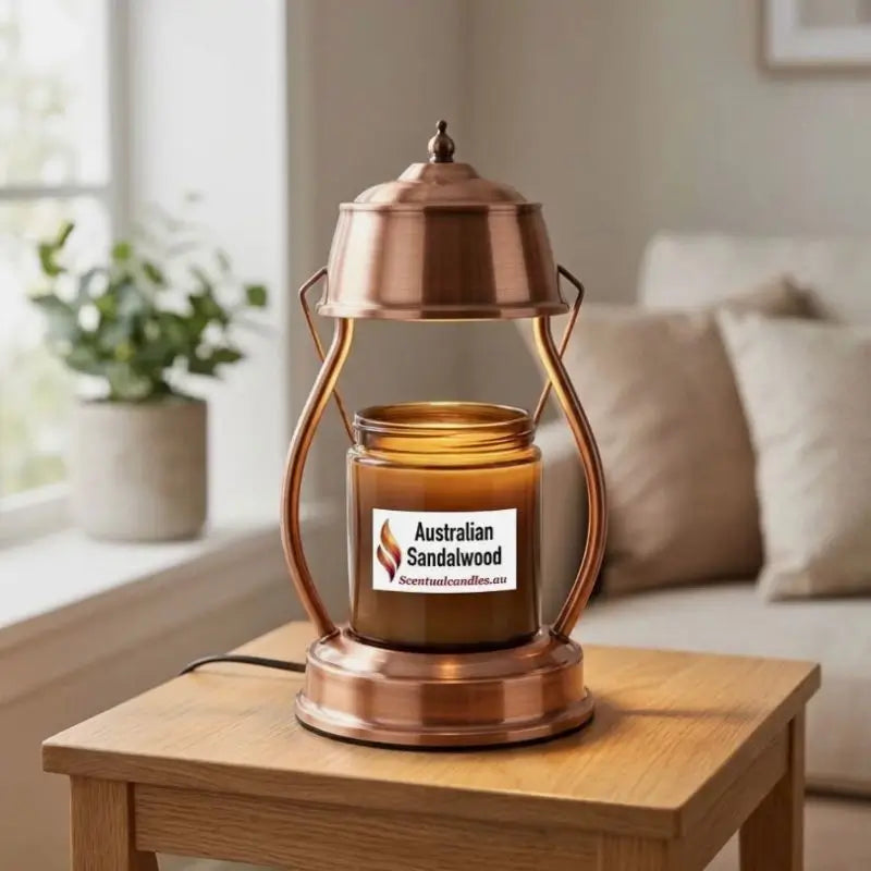 Candle Warmer Lantern with Dimmer and Timer heating Australian Sandalwood candle in stylish copper finish.