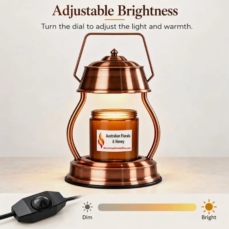 Candle Warmer Lantern with Dimmer and Timer showcasing adjustable brightness for cozy fragrance release.