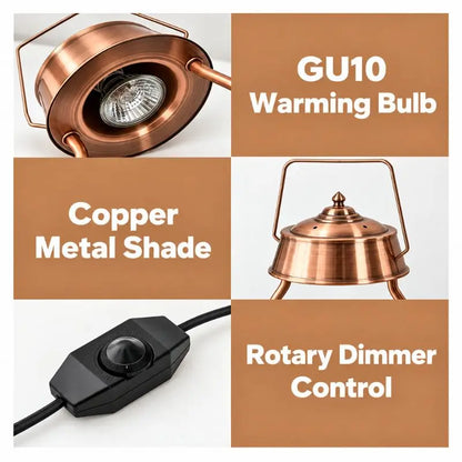 Candle Warmer featuring GU10 warming bulb, copper metal shade, and rotary dimmer control for customizable fragrance.