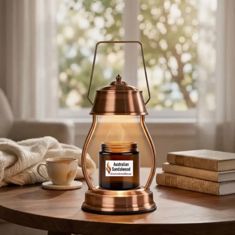 Candle Warmer Lantern with Dimmer and Timer, copper finish, warming candle on a tabletop with books and a coffee cup.