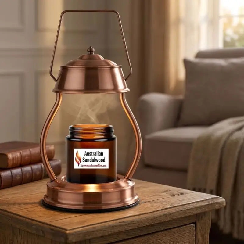 Candle Warmer Lantern with Dimmer and Timer featuring Australian Sandalwood candle on wooden table.