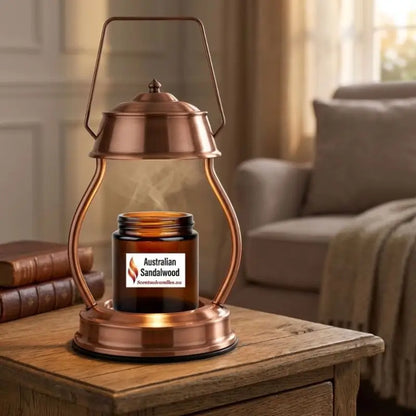 Candle Warmer Lantern with Dimmer and Timer featuring Australian Sandalwood candle on wooden table.