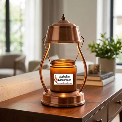 Candle Warmer Lantern with Dimmer and Timer featuring copper finish, warming a candle on a tabletop.