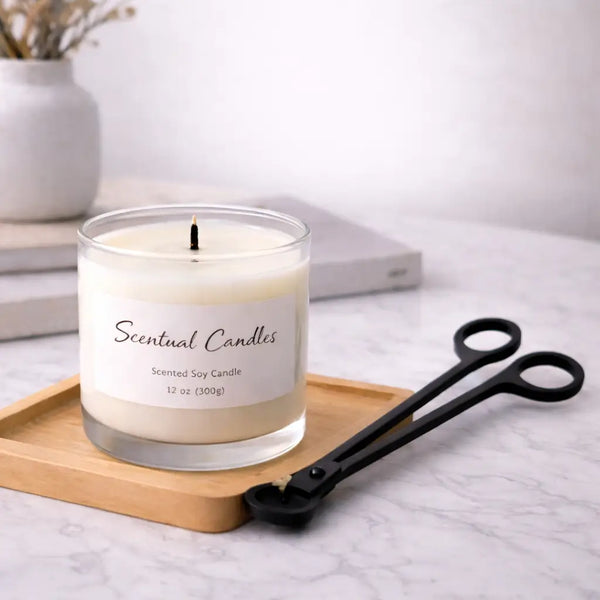 Candle Wick Trimmer Tool next to a scented candle on a tray, illustrating its use for maintaining clean and even burns.