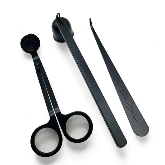 Candle Care Kit with wick trimmer, snuffer, and dipper in matte black stainless steel.