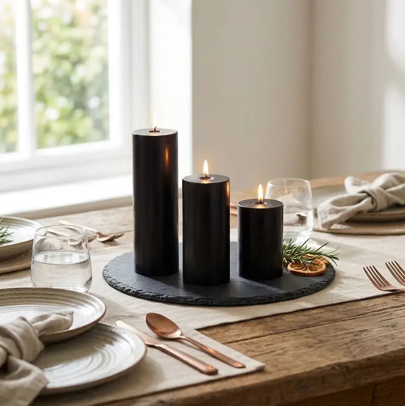 Candles for Dinner - Set of 3 black freestanding pillar candles lit on a dinner table with elegant tableware.