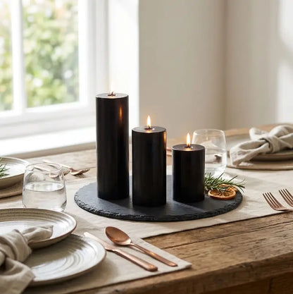 Candles for Dinner - Set of 3 black freestanding pillar candles lit on a dinner table with elegant tableware.