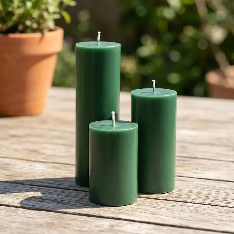 Candles for Dinner - Set of 3 green pillar candles showcasing different heights on a wooden table.