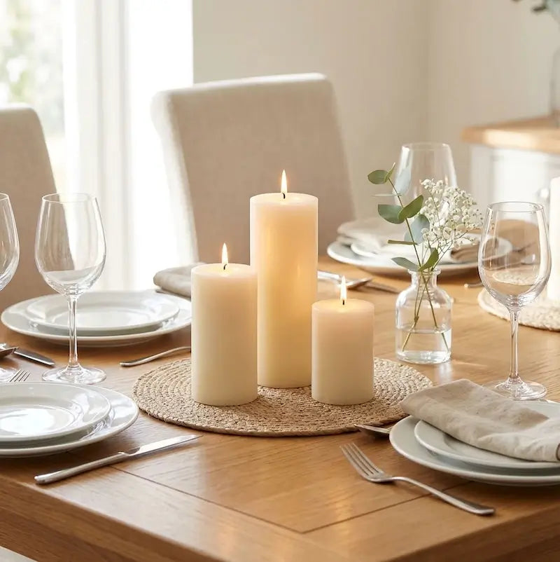 Candles for Dinner - Set of 3 freestanding pillar candles on a beautifully set dining table.