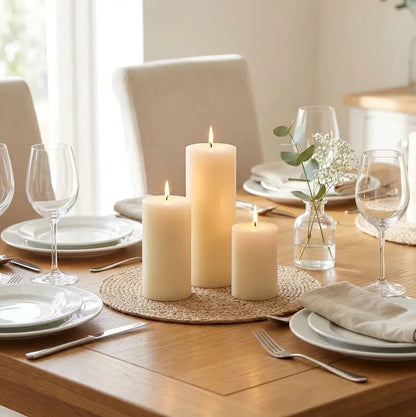 Candles for Dinner - Set of 3 freestanding pillar candles on a beautifully set dining table.