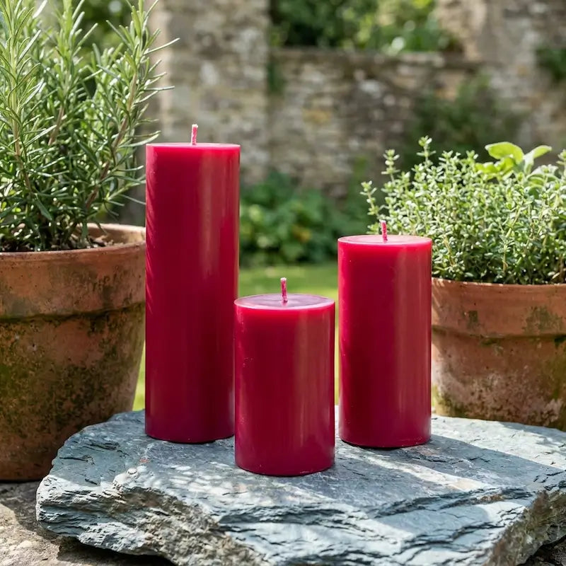 Candles for Dinner - Set of 3 freestanding pillar candles in vibrant red, perfect for dining or date night ambiance.