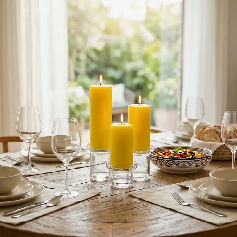Candles for Dinner set of 3 yellow pillar candles on a dining table with elegant glassware and dishes.