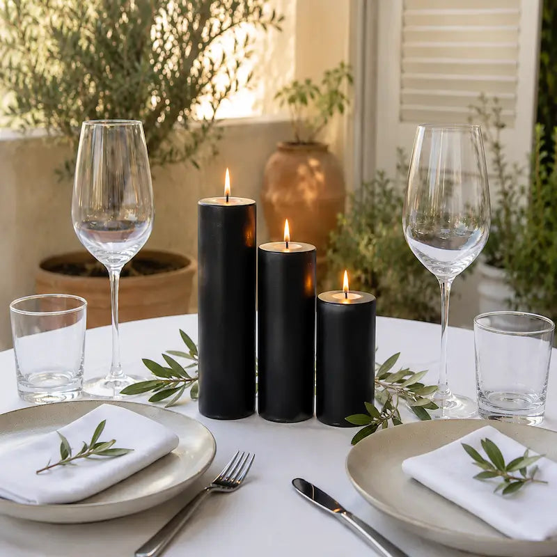 Set of 3 black candles for dinner on a table with elegant glassware and olive branches.