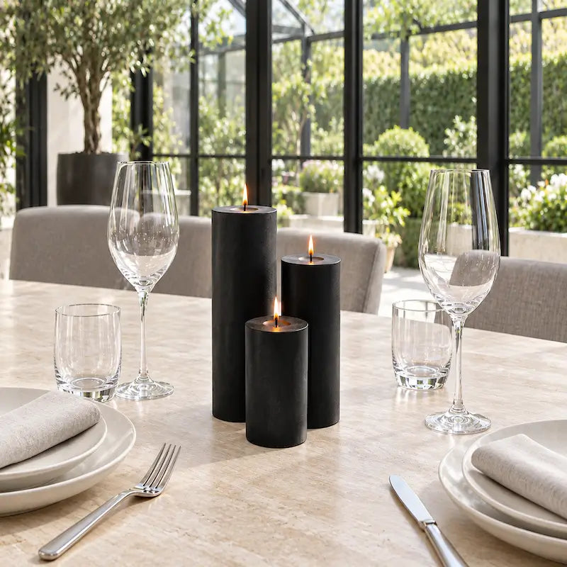 Candles for Dinner - Set of 3 black pillar candles on a dining table with glassware and cutlery.