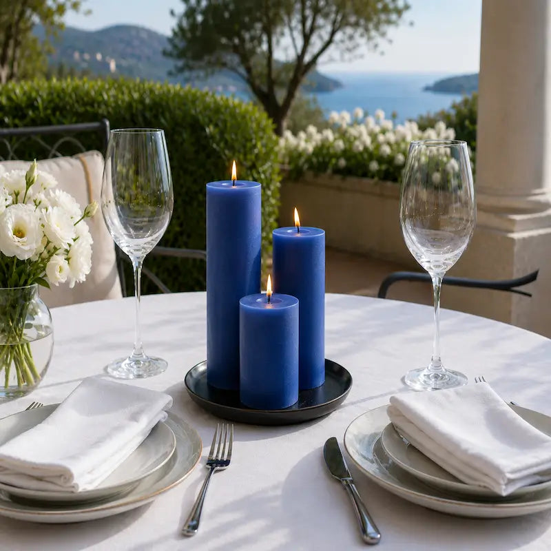 Candles for Dinner - Set of 3 blue pillar candles on a table set for dinner with glasses and white flowers