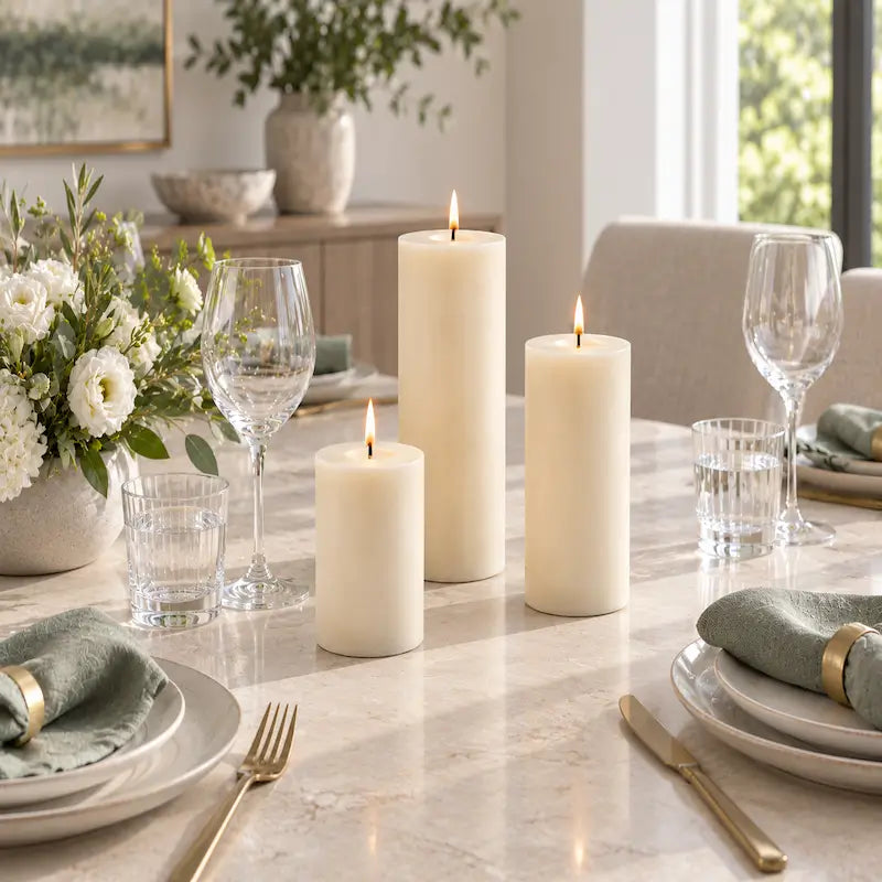 Candles for Dinner - Set of 3 freestanding pillar candles on a dining table with tableware and flowers.