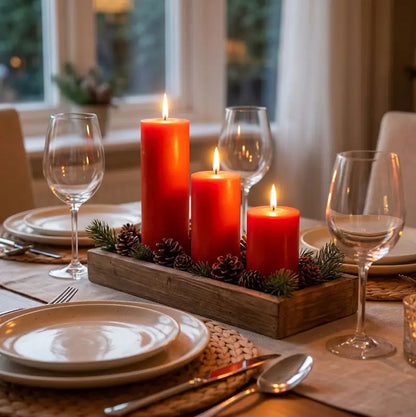 Candles for Dinner - Set of 3 freestanding pillar candles in a cozy dining setting.