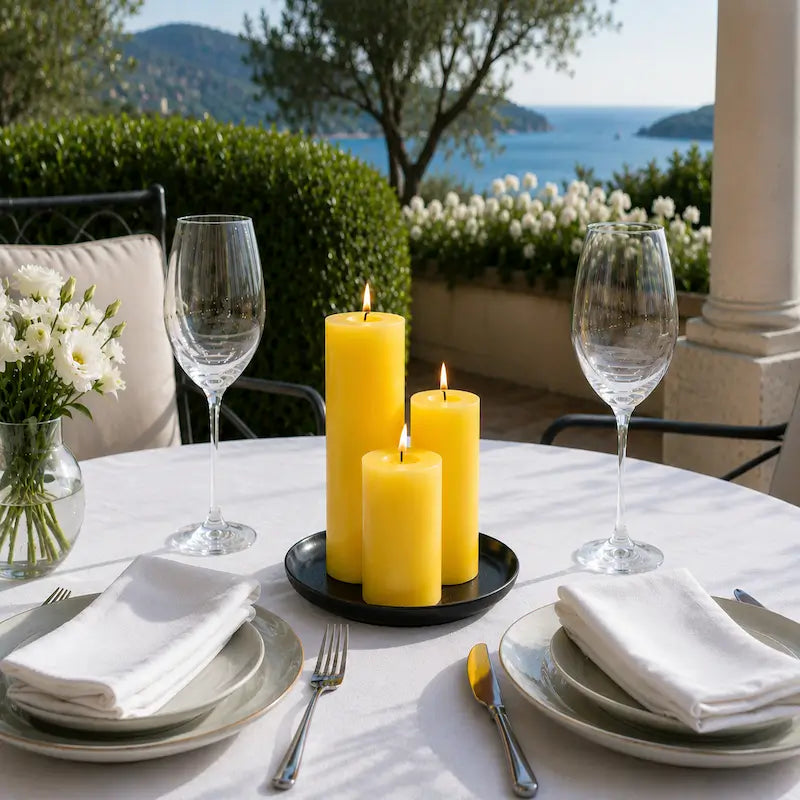 Candles for Dinner set of 3 yellow pillar candles on a beautifully set table by the sea