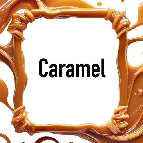 Rich caramel sauce forms a decorative frame around text, promoting the sweet scent of the Caramel Candle.