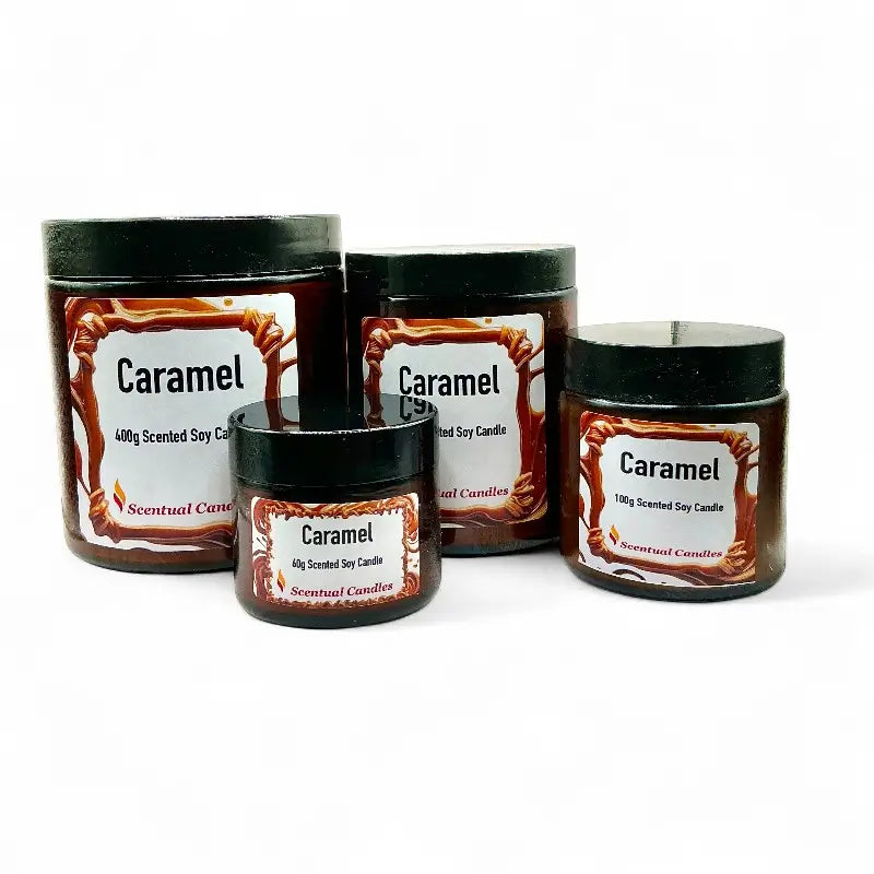 Caramel Candle - Scented Soy Indulgence jars showcasing sweet, buttery aroma in natural soy wax for a cozy, dessert-inspired experience.