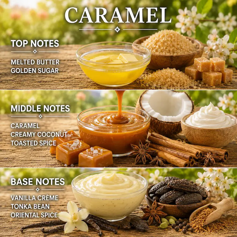 Caramel Candle with its ingredients displayed on a 3 tier stand in a rustic kitchen