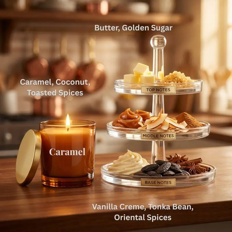 Mini Candles Set featuring a Caramel candle and a tiered platter of dessert-inspired fragrance notes.