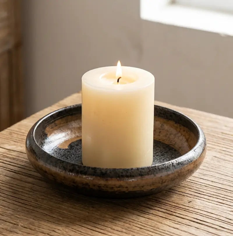 Ceramic Candle Holder plate with a lit candle on a wooden table, showcasing elegant design for candle displays.